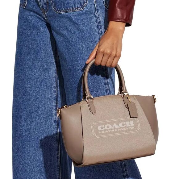 Coach Badge Jacquard Elise Satchel in Chalk Taupe, New - Picture 2 of 14
